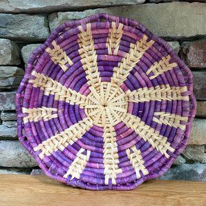 Purple Seagrass Coil Basket Tray Boho Decor Dorm Wall Art Scallop Bohemian